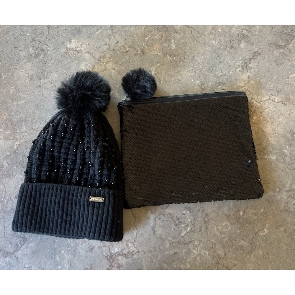 Steve Madden Embellished Womens Beanie Black W/ Sequins Bag Set